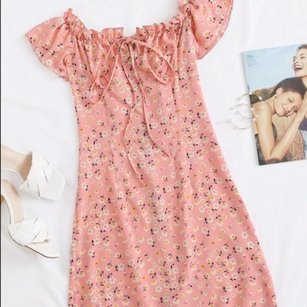 Pink Tie Front Floral Dress